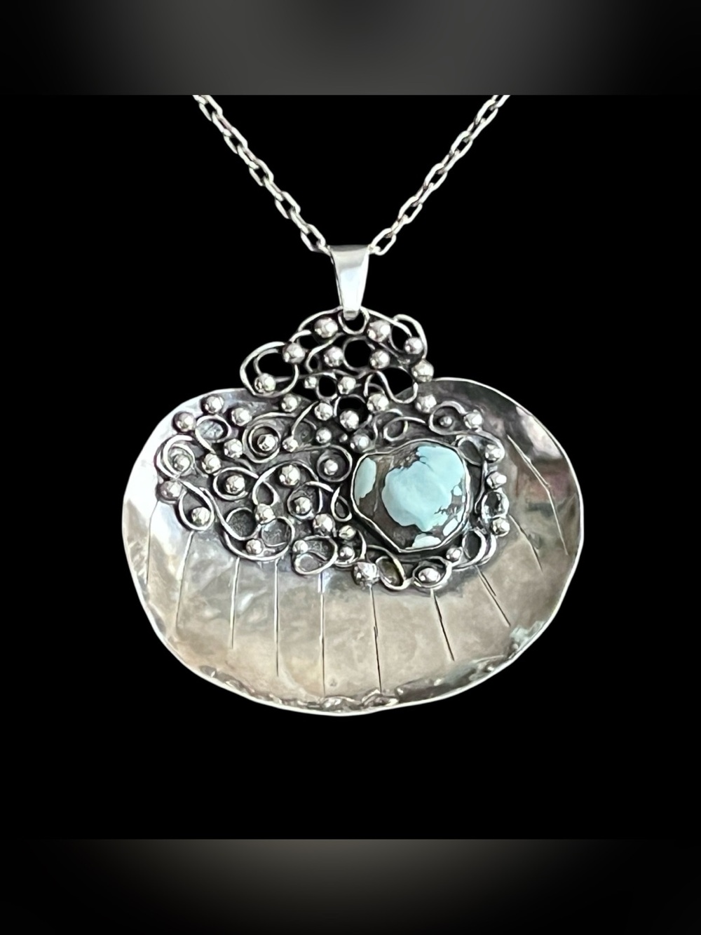 Mary Gage 35g Sterling Turquoise Lily pad Pendant Large Vintage Arts Crafts